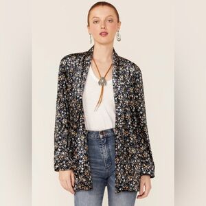Molly Bracken Women’s Ditsy Floral Print Stretch Velvet Open Front Blazer